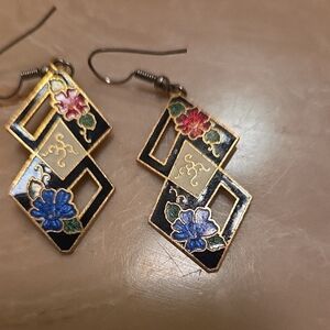 Floral Geometric Earrings - Black and Gold